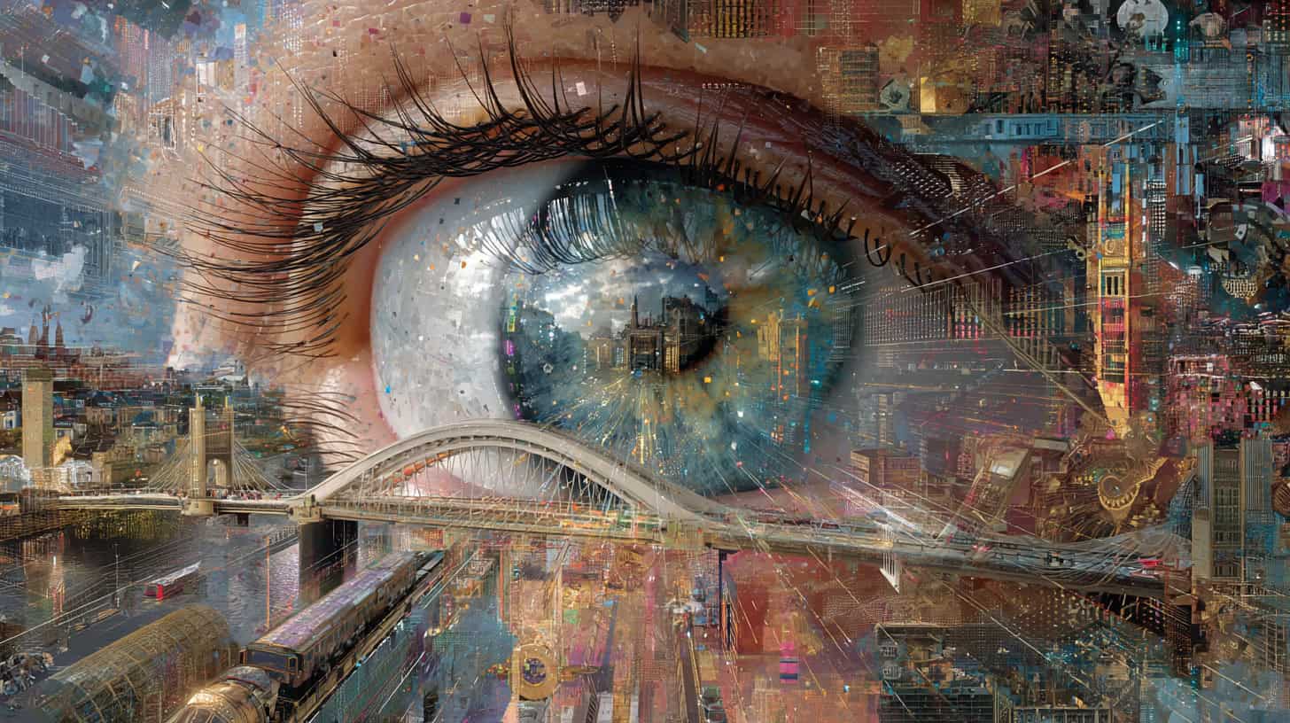 Ojo humano digitalmente artístico con vista urbana y puentes, en estilo futurista y cyberpunk, representando innovación tecnológica y soluciones inteligentes para negocios.