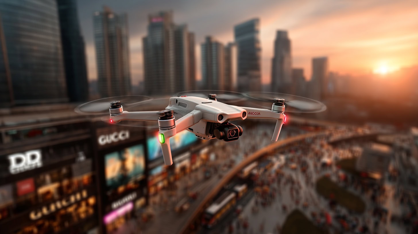 Drone con cámara en ciudad moderna durante atardecer, tecnología avanzada para monitoreo y seguridad urbana, soluciones de videovigilancia moderna, innovación en control de áreas públicas y privadas.