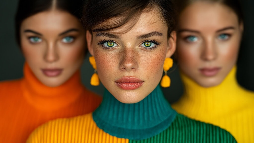 2. Mujeres con ojos verdes y cabello castaño, usando ropa colorida y accesorios llamativos en un fondo oscuro, enfocando en la belleza natural y la moda moderna.