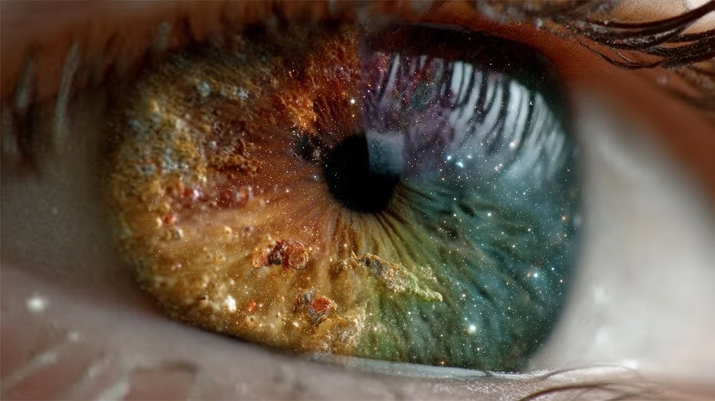 Astroconjunto en el iris de un ojo humano, imagen macro con detalles de la pupila, iris y parpados, representando una galaxia y estrellas, concepto de tecnología, innovación y soluciones digitales en gestión visual.