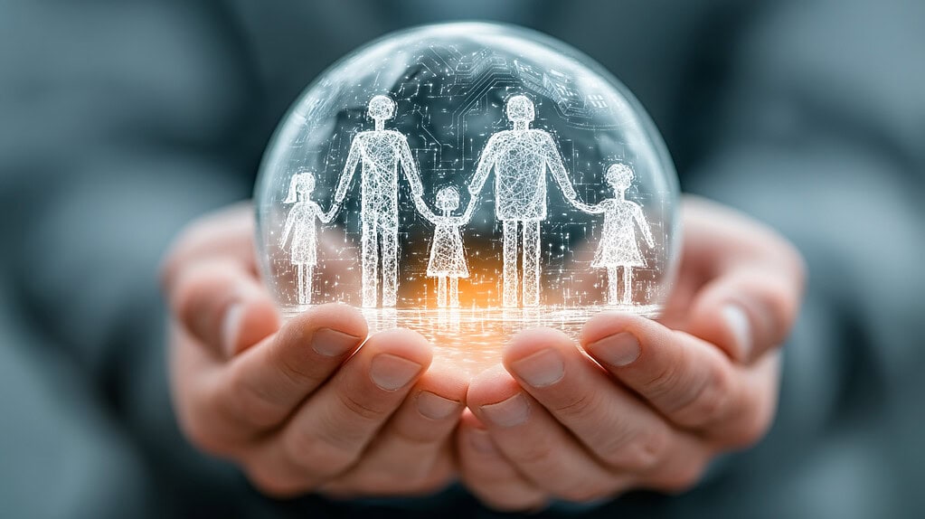 Imagen que muestra soluciones AIT para la gestión familiar, con una representación digital de una familia dentro de un globo de cristal, simbolizando protección y tecnología avanzada.
